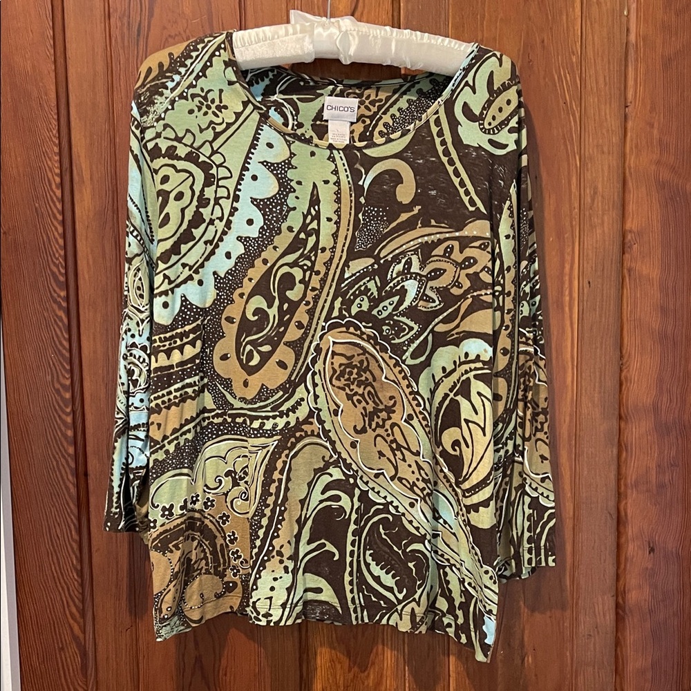 Chico's Long Sleeve Paisley Top - Brown and Green